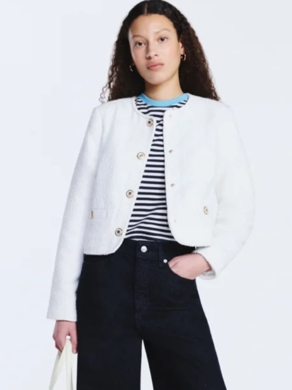 Women's White Tweed Collarless Blazer Jacket (Never Worn)